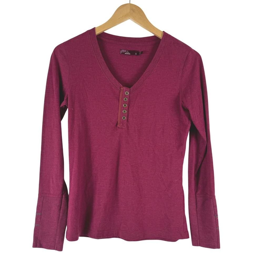 Prana Womens Berry Pink Henley Long Sleeve Shirt Embroidered Ribbed Cuffs S